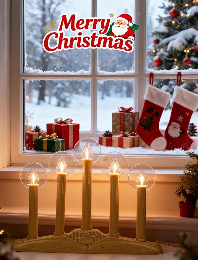 5-Light Christmas Window Candle Lights, Electric Plug-in Candelabra Arch for Luminous Holiday Decorations - Traditional Indoor Windowsill Taper Candle Lamp, Flameless
