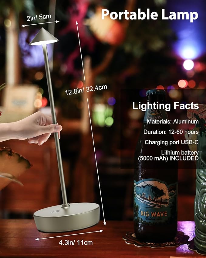 Cordless Table Lamps Rechargeable, 6000mAh Battery Operated LED Desk Lamp Outdoor Waterproof Portable Touch Dimmable Table Night Light for Patio Restaurant Dining Home Silver