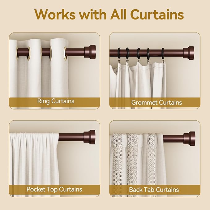 YaFex Curtain Rods 2 Pack 32-84 Inch, Heavy Duty 1 Inch Curtain Rod, Bronze Long Adjustable Window Treatment Rods, Modern Design, Easy Installation