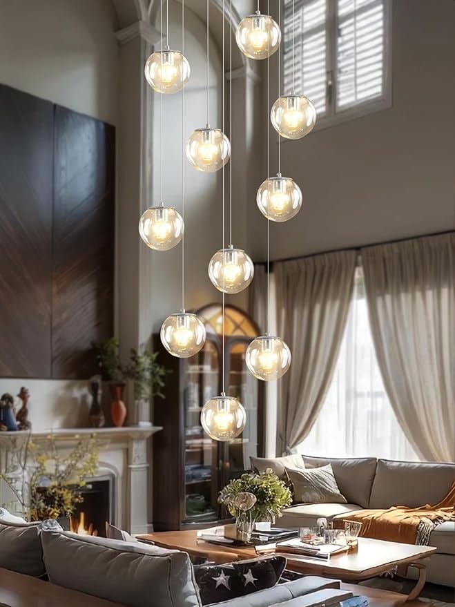 Silver LED Staircase Chandelier 10-Light Clear Glass Ball Chandelier Dimmable Pendant Lights Large Chandeliers for High Ceilings, Entryway Modern Chandelier for Villas and Stairwell