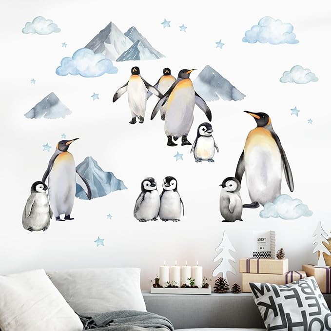 Mfault Winter Penguin Wall Decals Stickers, Snow Mountain Cloud Stars Snowflake Decorations Bedroom Art, Christmas Seasonal Home Living Room Kitchen Decor