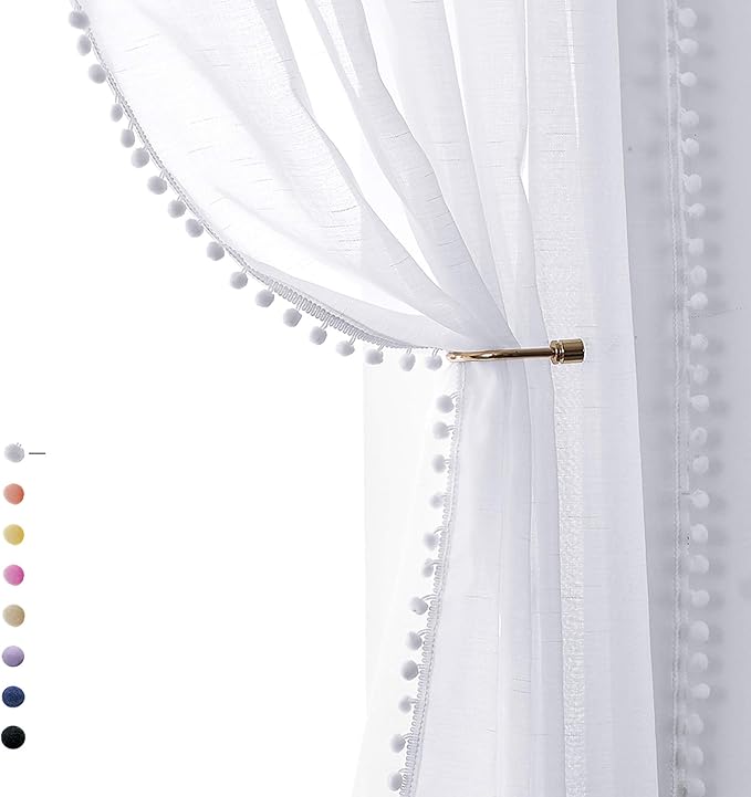 Treatmentex Pompom Sheer White Curtains for Living Room Kid's Room 72" Window Voile Drapes Slub Linen Texture Bedroom Curtains 2 Pack Rod Pocket