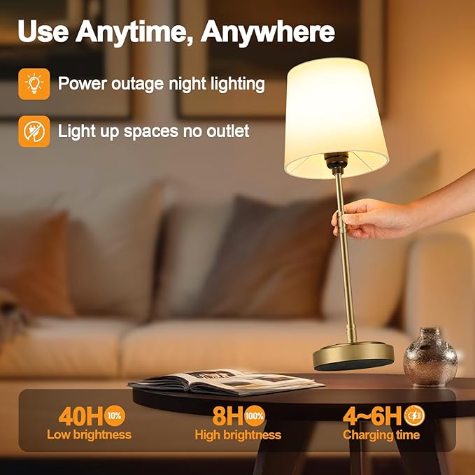 Cordless Table Lamps Set of 2 – Battery Operated Lamp with 7500mAh Rechargeable Battery, Stepless Dimmable Vintage Brass Desk Wireless Lamps for Dining Room, Nightstand & Patio (Bulbs Included)