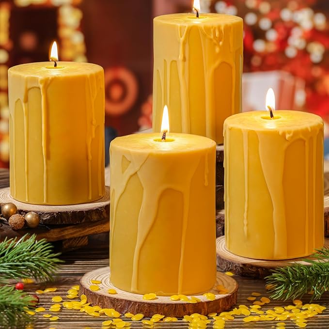 3x4inch Natural Beeswax Pillar Candles Set of 4, Dripping Wax Modeling Pure Beeswax Candles with 240 Hours Long Burning, Dripless Smokeless Organic Pillar Candles for Home Decor, Emergency, Prayer