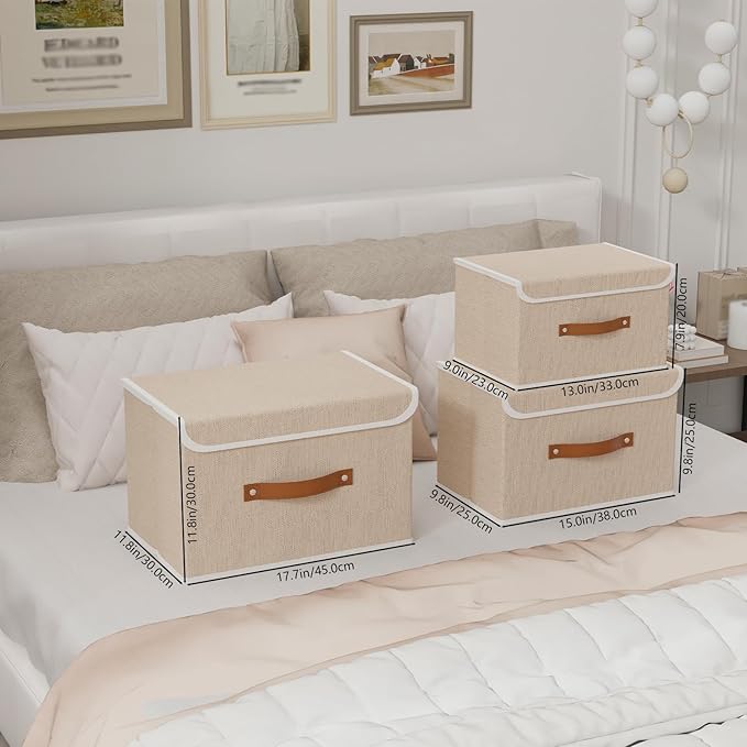Yawinhe Collapsible Storage Boxes, Linen Fabric Baskets, Bin with lid and Leather Handle, Washable, for Home, Closet, Beige, 15.0''Lx9.8''Wx9.8''H, 3-Pack, USNK024BEL-3