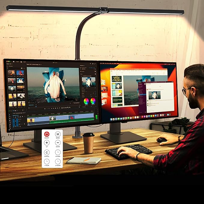 Double Head LED Desk Lamp with Timer of Remote Control 24W Brightest Computer Desk Light Office Lamp for Workbench Drafting Architect Study Reading Gaming with Anti-Glare Cover