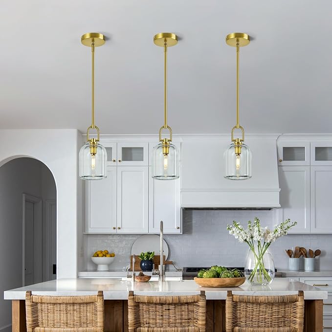 Modern Gold Pendant Lights Kitchen Island Ceiling Chandelier Indoor Thick Crystal Hanging Light Fixtures for Kitchen Living Room Dining Room Bedroom（3Pack）