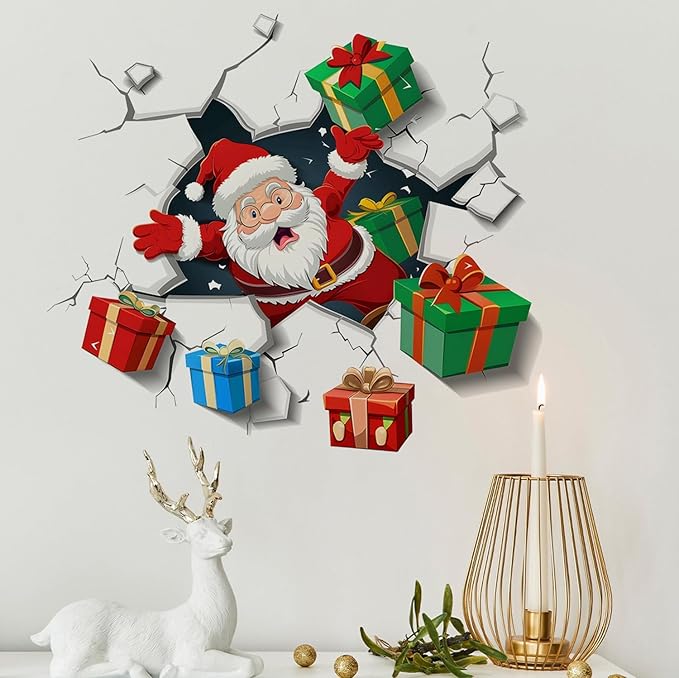 Santa Wall Decal for Christmas | Peel and Stick Holiday Decoration with Crack Effect & Gift Boxes – Removable Vinyl Sticker for Walls, Windows, Office, Party or Storefront Display
