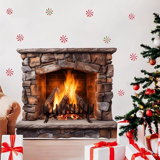 Large Christmas Wall Decals Christmas Wall Decoration Vinyl Sticker Peel and Stick Indoor Xmas Fireplace Decal for Walls Removable Peppermints Xmas Art Murals for Living Room Holiday Xmas Party Supply