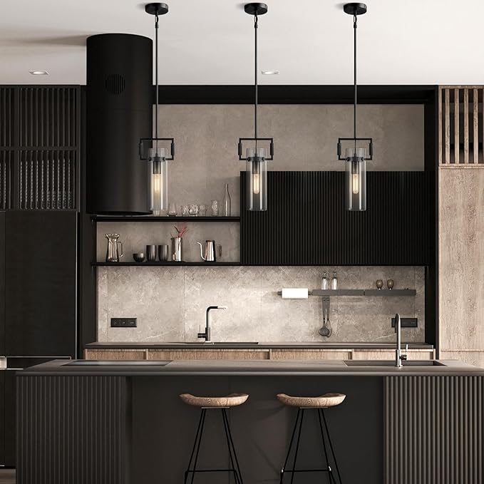 Modern Black Kitchen Island Pendant Lights, 12 Inch 1-Light Adjustable Pendant Light with Glass Shade & Brass Finish, Hanging Light Fixture for Kitchen, Dining Room,Bathroom, Living Room