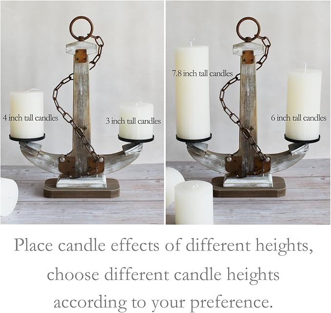 Wooden Anchor Candle Holder for 2 Candles，Rustic Candlestick Stand for Table Centerpiece ，Tall Candlestick with Unique Anchor Design for Home, Nautical,Beach & Lake House Decor（Brown）