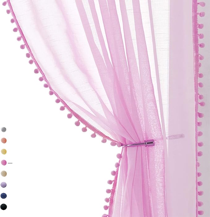 Treatmentex Pink Sheer Curtains for Girls-Room 108inch Long Window Drapes with Cute Pom Pom Design for Salson Party Ceremony Birthday Décor 52" w X 2 Pack