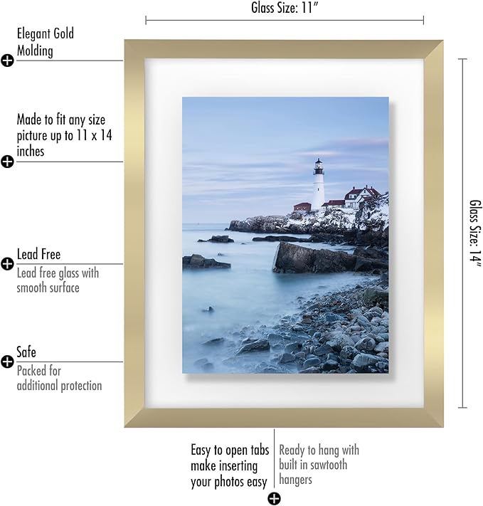 Americanflat 11x14 Floating Picture Frame with Polished Crystal-Clear Glass - Use as 8x10 Picture Frame or Display 5x7 Photo - Signature Float Collection - Photo Frames for Wall Display - Gold