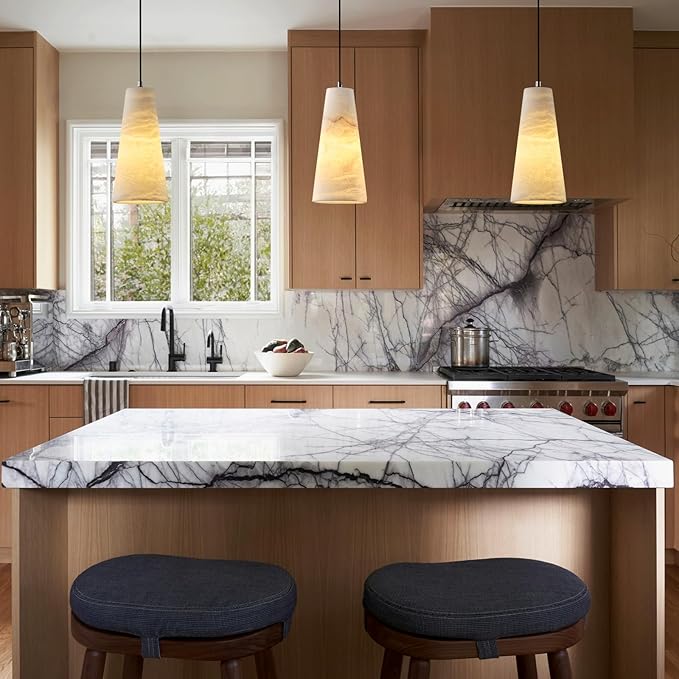 Alabaster Pendant Lights Kitchen Island,White Pendant Light, Marble Shade Black Cone Lighting Fixtures for Bedroom Bathroom Dining Room Living Room H-10in (Bulbs INCL)