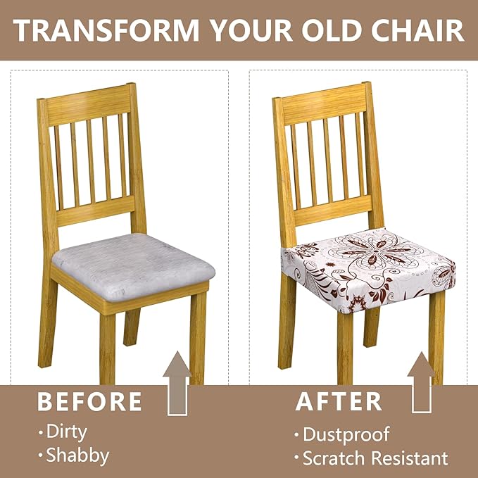 Stretch Dining Chair Seat Covers Set of 6,Dining Chair Slipcovers, Floral Printed Chair Covers,Soft Fabric Washable Upholstered Chair Seat Protector, No Rear Covers for Home Kitchen Dining Room
