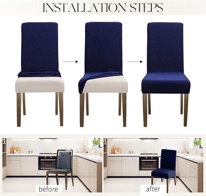 MOSAYT 100% Waterproof Dining Room Chair Covers Set of 6, Super Fit Stretch Jacquard Parson Chairs Slipcovers Removable Washable Chair Seat Protectors for Home, Kitchen, Banquet (Navy Blue - XL)