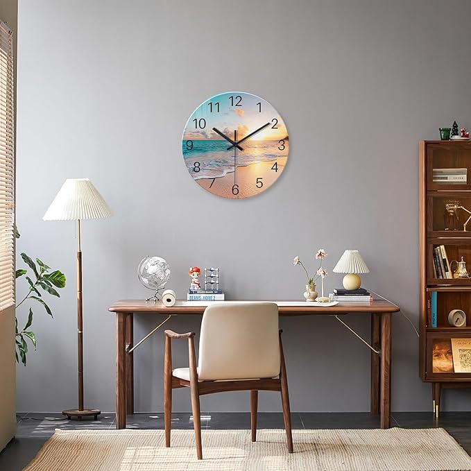Beach Wall Clock Battery Operated 12 Inch Glass Wall Clock Non Ticking Analog Blue Wall Clocks for Bedroom Living Room Office Decor