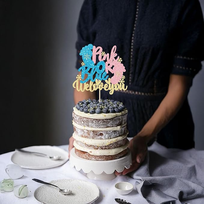Gyufise 1 Pack Pink or Blue We Love You Cake Topper Glitter Winter Gender Reveal Cake Topper Snowflake Gender Reveal Cake Decorations for Winter Baby Shower Christmas Party Decoration