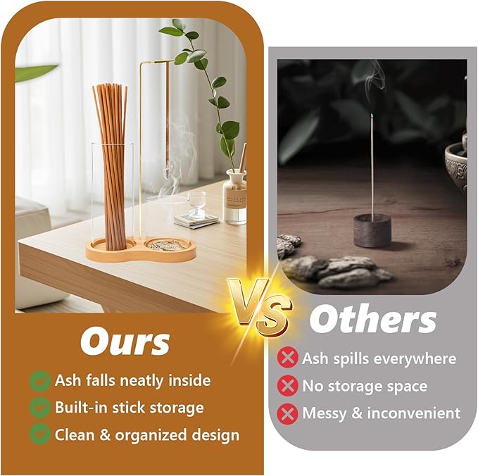 Glass Incense Holder, 2 in 1 Incense Holder for Sticks, Anti-Ash Flying Incense Burne with Ash Catcher Incense Sticks Organizer Wood Glass Incenses Stick Holder for Meditation Yoga Home Decor