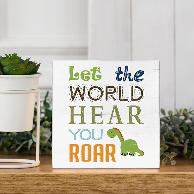 JXREQ Kids Room Decor, Funny Dinosaur Inspirational Quote Wood Box Sign, Rustic Dinosaur Desk Decor for Boys Girls Kids Bedroom Nursery Playroom Decor, 5x5 Inch