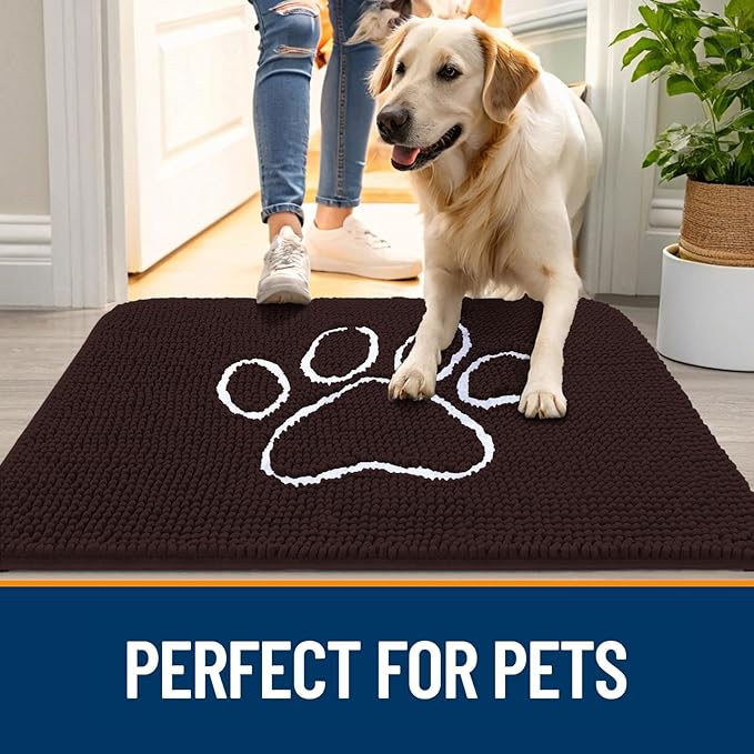 OLANLY Dog Door Mat for Muddy Paws 47x32, Paw Print Design, Absorbs Moisture and Dirt, Absorbent Non-Slip Washable Doormat, Quick Dry Chenille Mud Mat for Dogs, Entry Indoor Entryway Carpet, Brown