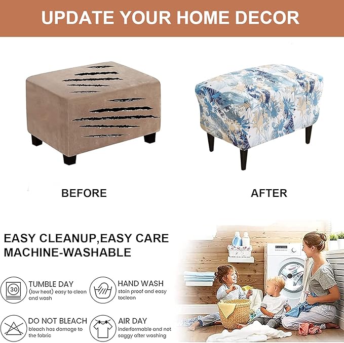 Eco-Ancheng Ottoman Cover Rectangular Storage Ottoman Slipcover Footrest Stool Covers with Nonslip Elastic Bottom