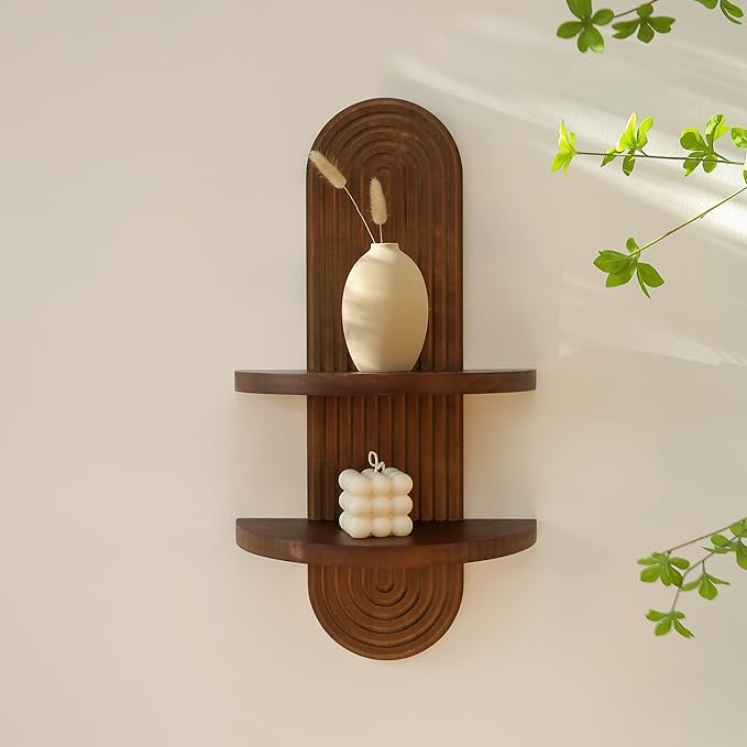 Modern Wall Shelf with Arched Wood Design Mid-Century Double Floating Rainbow Shelves for Indoor Decoration Holding Planter Ornaments, 22 x 11.6 Inch (Walnut)