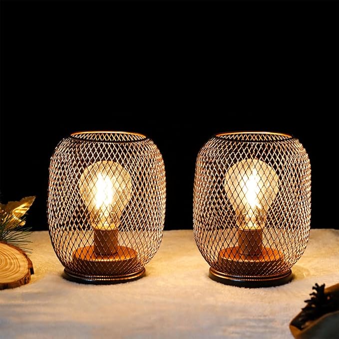 TRIROCKS Set of 4 Battery Operated Lamp LED Table Lantern, Metal Cage Cordless Lamps with LED Bulb，Vintage Decorative Outdoor Lantern for Weddings, Parties, Patio, Events for Indoors Shelf Decor