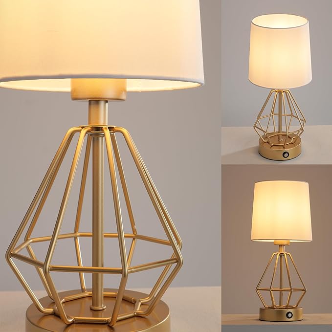 Gold Cordless Lamp Set of 2,Touch Stepless Dimming,8000mAh Rechargeable Battery Table Lamp,Gold Cage Frame Wireless Lamp,White Lampshade,14.7inches Tall
