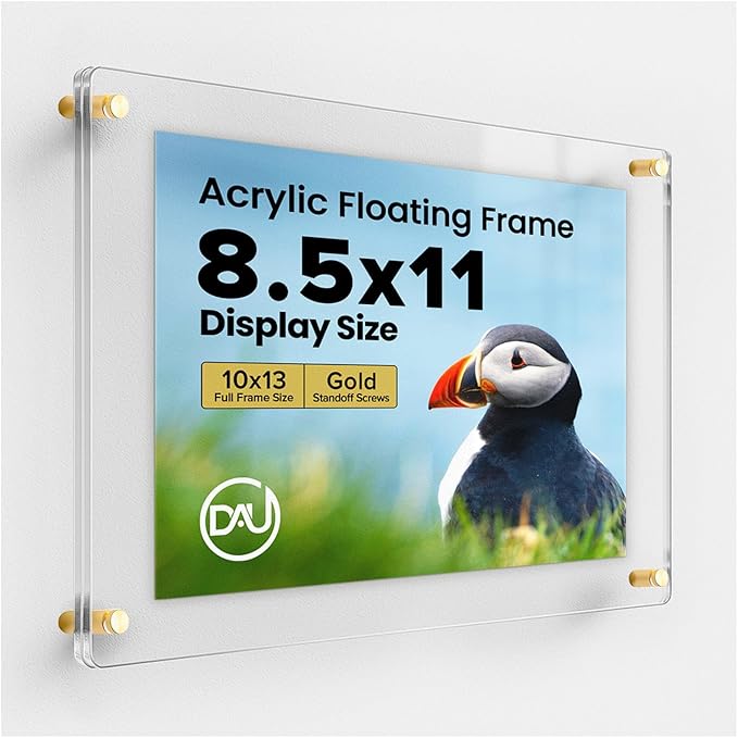 Acrylic Floating Frames Gold Standoffs(single) 8.5" x 11" Clear Acrylic Frames for Wall Mount Floating Picture Frame, Diploma Poster Certificate Hanging Photo Display Degree Prints Artwork Documents