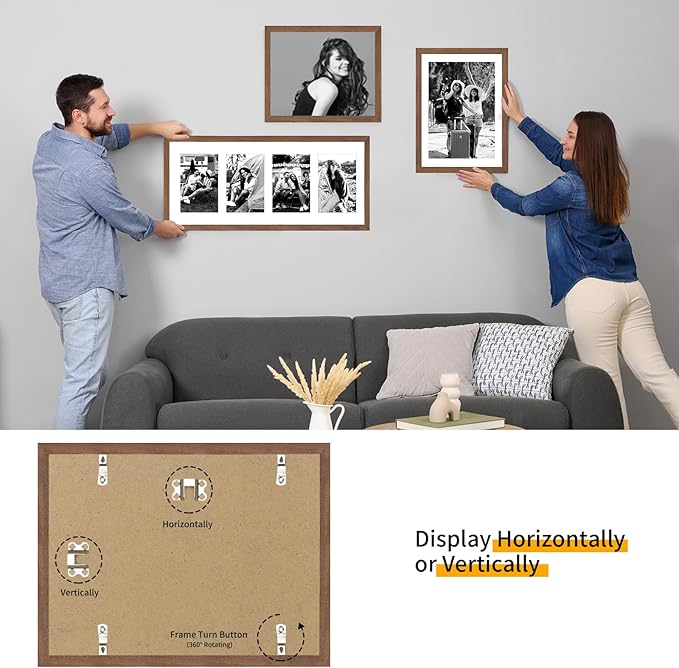 8.5x11 Oak Wood Picture Frame - Minimalist 8.5x11 Picture Frame with Mat Display 2Pcs 5x7 Photos, 5x7 Picture Frame Wood, Natural Solid Wooden Picture Frames(1 Pack, Walnut)