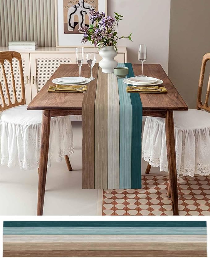 Teal Blue Brown Table Runner, Beach Cotton Linen Tablecloth Summer Holiday Farmhouse Table Decorations for Home,Kitchen,Dining Room,Indoor,Outdoor,18X72 Inches Long,Retro Rustic Barn Wood Texture