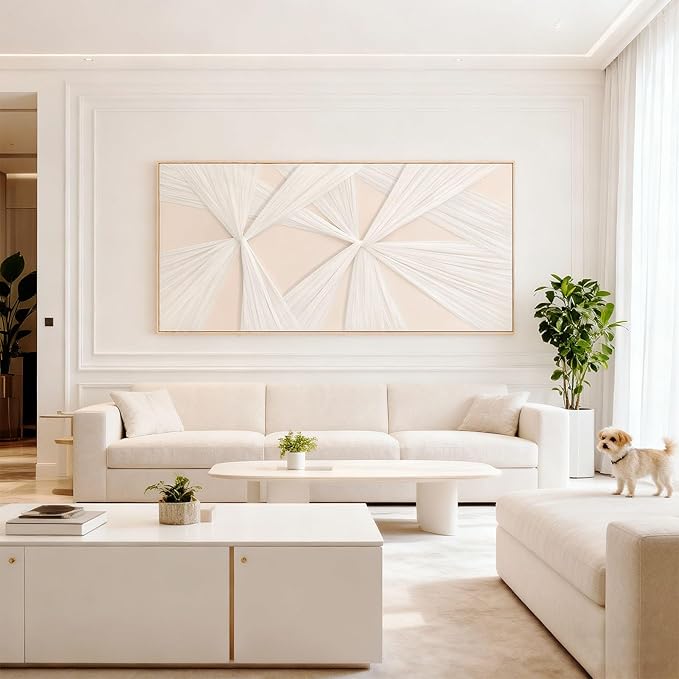 Artists' Handicraft, Large 3D Fabric Hand Painted Framed Abstract Wall Art, Minimalist Modern Luxury Artwork, Boho Modern Long Beige Wall Decor, Neutral Paintings for Living Room Bedroom Hallway Office, Horizontal, 54x27 In
