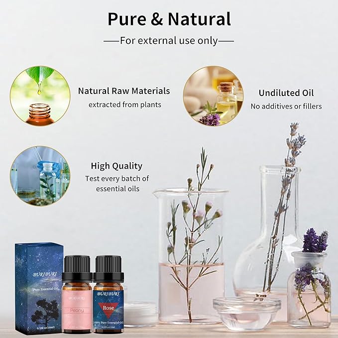 BURIBURI Rose Oil and Peony Essential Oil Set 2 Pack, 100% Pure Diffuser Rose Essential Oil 10ml for Massage, Soap Making