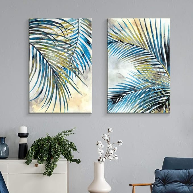 ARTISTIC PATH Palm Leaves Canvas Wall Art: Tropical Leaf Artwork Picture Painting for Bedroom (24''W x 36''H x 2 PCS,Multi-Sized)