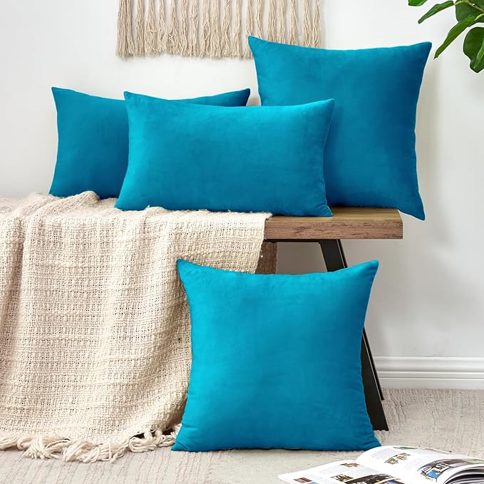 Throw Pillow Covers Decorative Velvet Set of 2 12x20 Inch Pillow Covers, Soft Teal Lumbar Pillowcases for Couch Sofa Bed Living Room, Farmhouse Home Boho Decor, Accent Cushion Covers