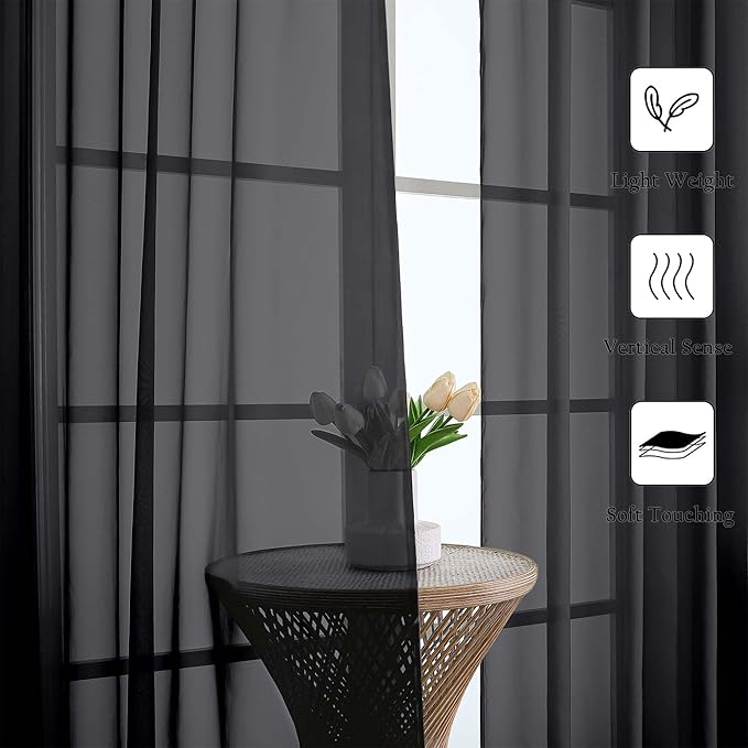 Lecloud Black Sheer Curtains 84 Inches Long 2 Panels, Balance Light & Privacy Bedroom Living Room Dining Room Window Treatments, Solid Voile Curtain Drapes with Dual Rod Pocket, 59" W x 84" L