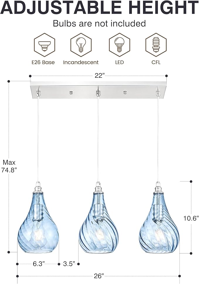 TENGXIN 3-Light Pendant Lights for Kitchen Islands - Brushed Nickel with Blue Glass. Farmhouse Style, Ideal for Dining Rooms and Bedrooms, 6 Inch