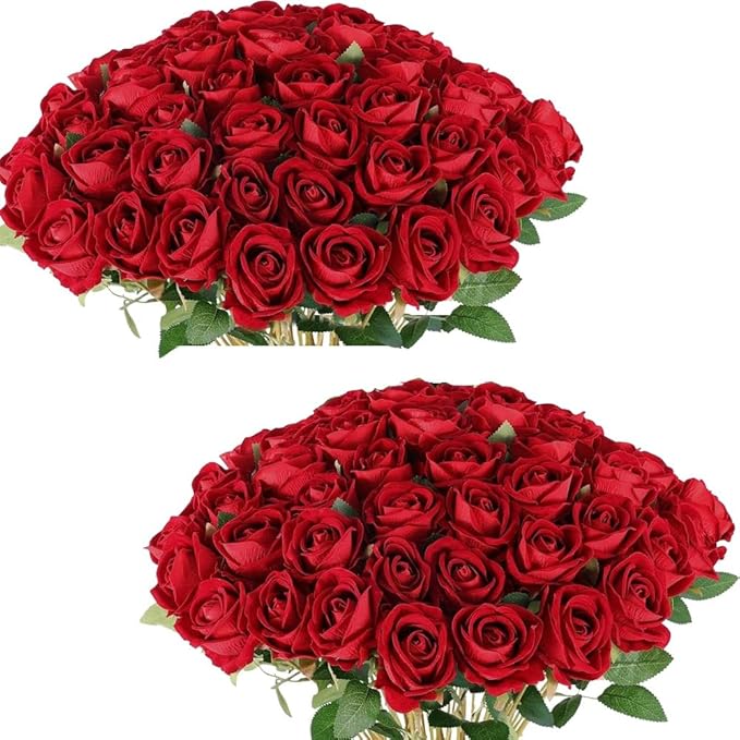 Jasion 50PCS Artificial Roses Realistic Velvet Silk Fake Flowers Long Stem Faux Flowers Bouquet for Wedding Home Party Table Centerpieces Decoration (Red)
