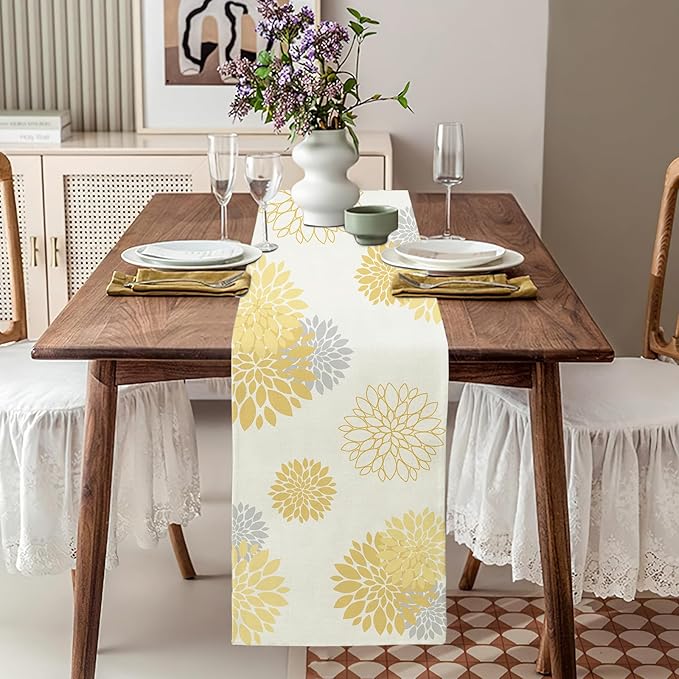 Yellow Gray Table Runner Dahlia Pinnata Flower Beige Table Runners Modern Elegant Pompon Farmhouse Geometric Table Center Decor for Girls Room Dining Party Patio (13 x 48 Inch)