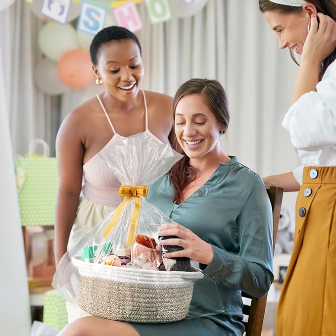 LANDNEOO Small Woven Basket with Gift Bags and Ribbons, Empty Decorative Gift Chest Box, Cute Baby Gift Basket for Nursery, Cotton Rope Room Shelf Storage Basket with Handles, 12"x 8"x 5", Brown