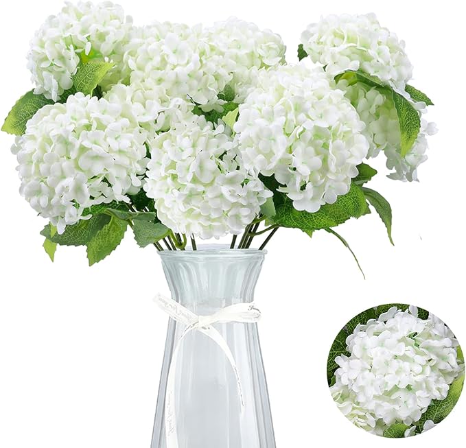 GREENTIME 13” Artificial Hydrangea Flowers Faux Hydrangea Bouquet with 7 Head 3.15” Tiny Hydrangea for Vase Wedding Bouquet Home Decor DIY Baby Shower Centerpieces Tables Decoration(White)