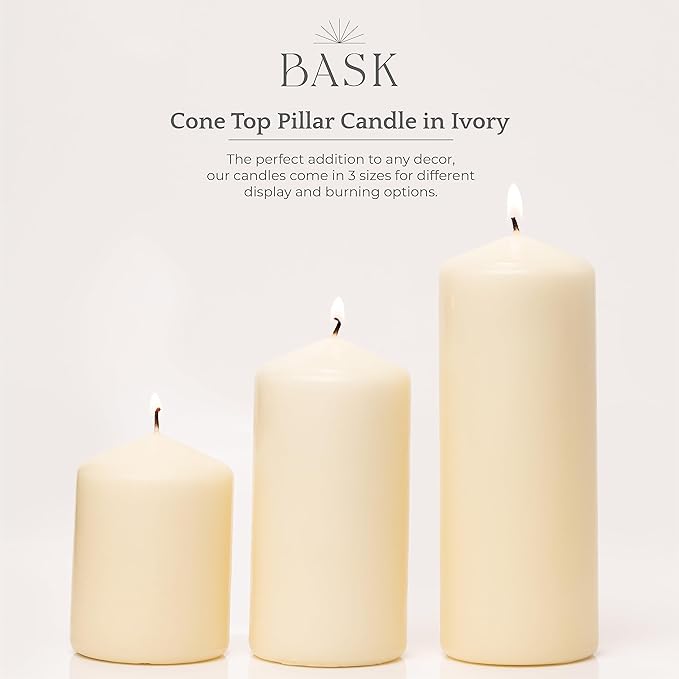 Bask Cone Top Pillar Candles - Elegant Ivory Candles - Set of 3 Ivory Pillar Candles - 3"x4", 3"x6", and 3" x8 - Smokeless and Dripless Decorative Candles for Home Decor and Relaxation