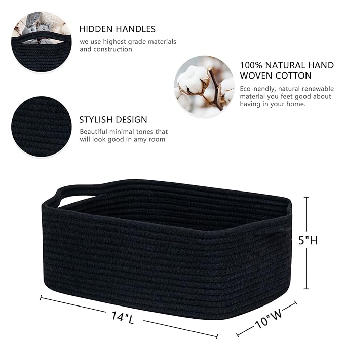 CubesLand Cute and Durable Small Cotton Rope Basket for Organizing, Woven Closet Storage Bin,Shelves Closet Storage Basket, Bathroom Storage Organizer Bin, Nursery Toy Basket Bin, Black Basket