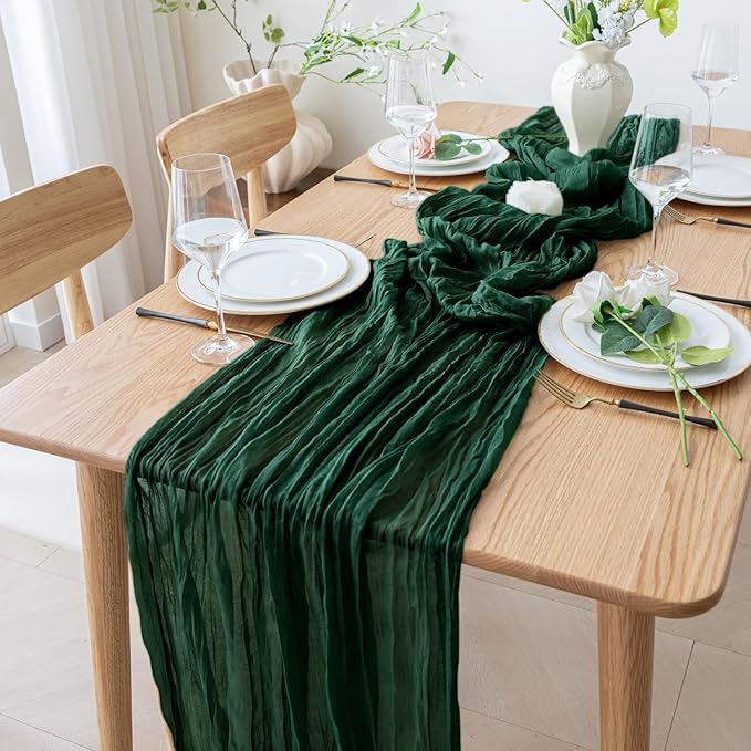 Table Runner Cheesecloth 10FT Emerald Green Boho Gauze Cheese Cloth Rustic Sheer Table Runners for Wedding Bridal Baby Shower Party Decoration