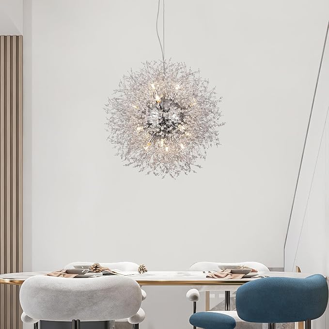 Modern Crystal Chandeliers, Dandelion Beaded Lighting, Sputnik 16-Light Chrome Hanging Lamp, Round Firework Pendant Light for Dining Room Living Room Kitchen Island Bedroom (Chrome, D25.5inch)