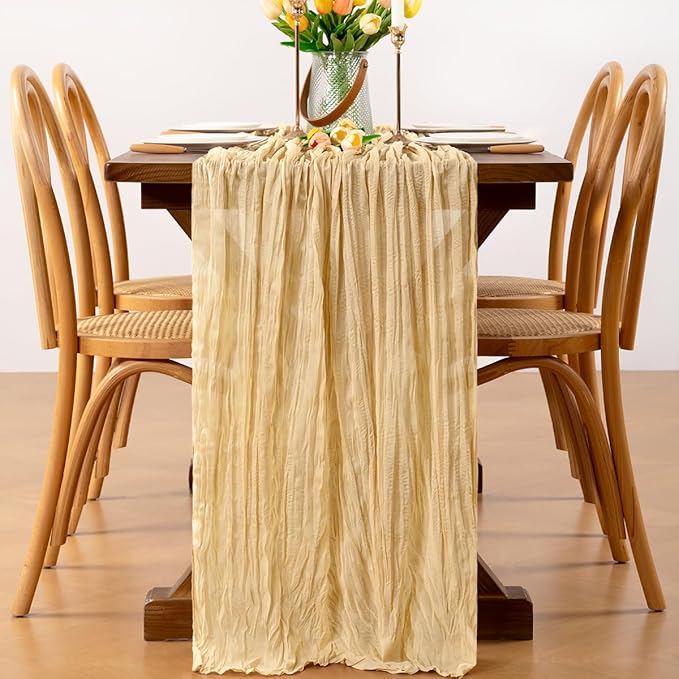 Champagne Cheesecloth Table Runner 1pcs Spring Boho Gauze Valentine's Day Table Runner 22×120 inch 10FT Table Decor for Home Farmhouse Wedding Baby Shower Birthday Party Ceremony