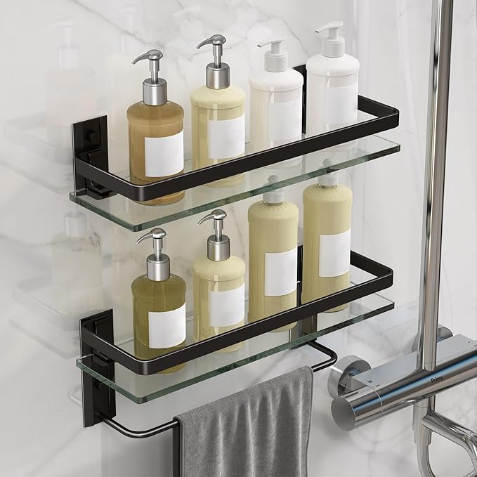 Danpoo Bathroom Shelves Wall Mounted, Clear Tempered Glass Shelf with Towel Bar, Hand Towel Holder(Matte Black)