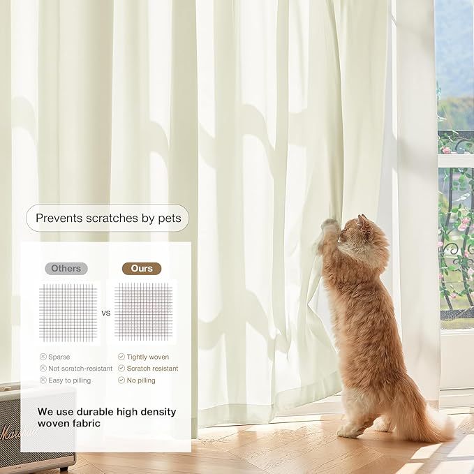 Anmao Non-See-Through Cream Privacy Semi Sheer Curtains for Living Room 63 Inch Length 2 Panels Set, Light Filtering That Let Light in Rod Pocket Window Drapes for Bedroom, 52W x 63L, Beige Yellow