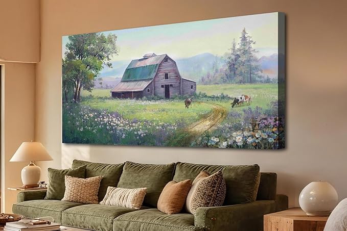 Acocifi Barn Picture Farmhouse Wall Art, Rustic Landscape Painting Farm Cow Print Textured Artwork Large Framed for Living Room Bedroom Dining Room Kitchen Office Home Decor 40"x20"